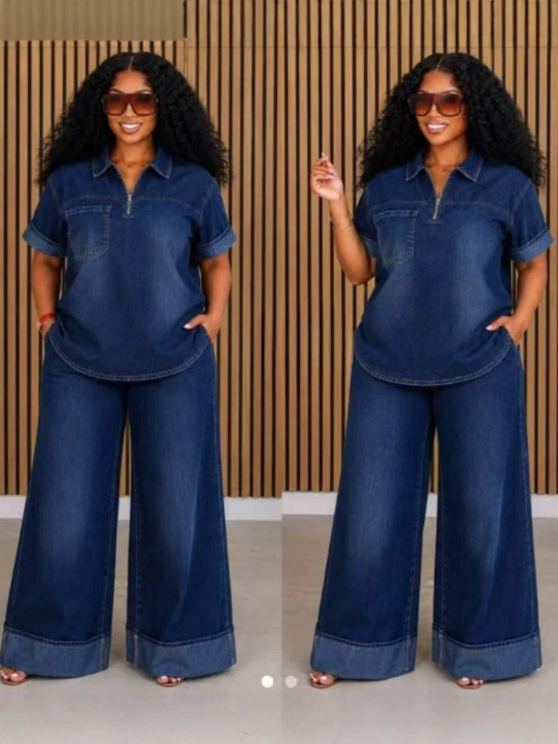 Women's Denim Two-Piece Set Short Sleeve Polo Top & Wide Leg Pants