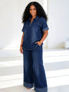 Women's Denim Two-Piece Set Short Sleeve Polo Top & Wide Leg Pants