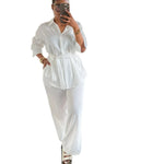 Women's Relaxed Two-Piece Pants Set Long Sleeve Button-Down Top & Wide-Leg Pants