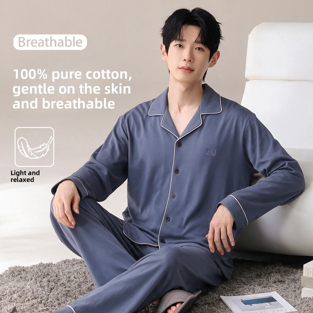 Men's 100% Cotton Button Down Pajama Set with Long Sleeves and Pants