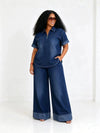 Women's Denim Two-Piece Set Short Sleeve Polo Top & Wide Leg Pants